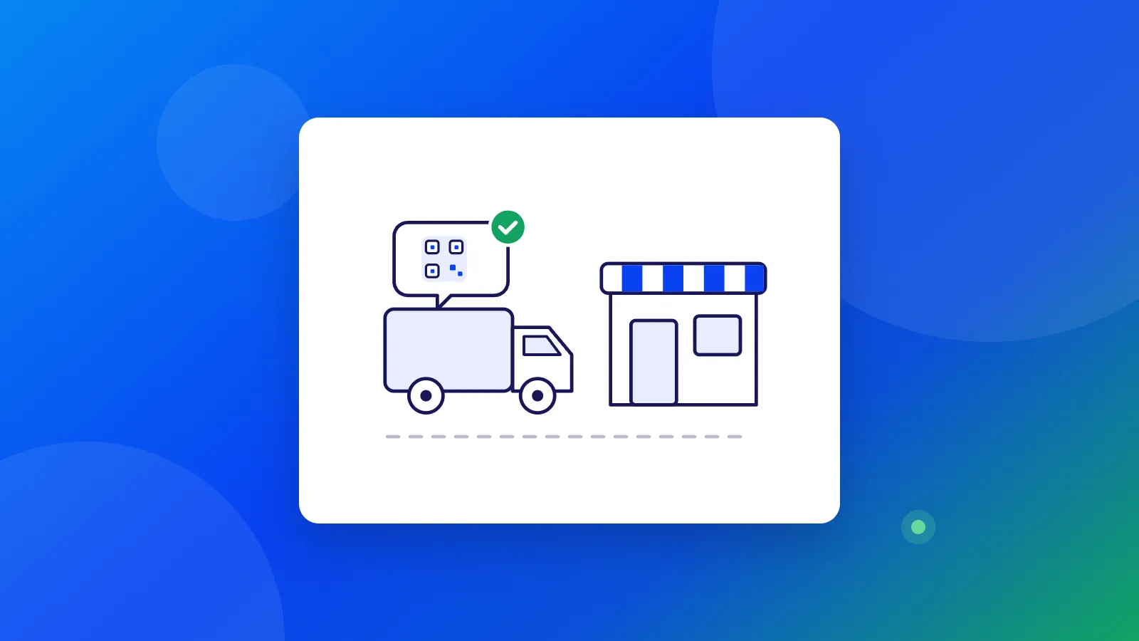 Ilustración de un camión de reparto en ruta hacia una tienda de barrio con el QR del cobro confirmado