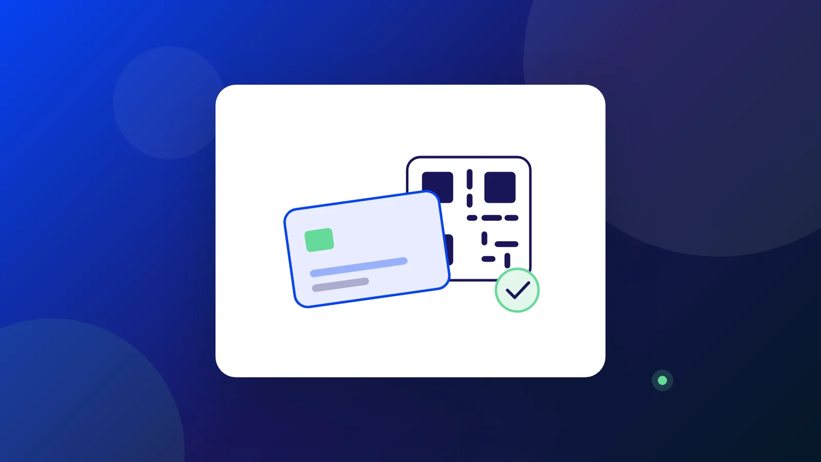 Ilustración de una tarjeta de crédito sobre un código QR con la confirmación del pago